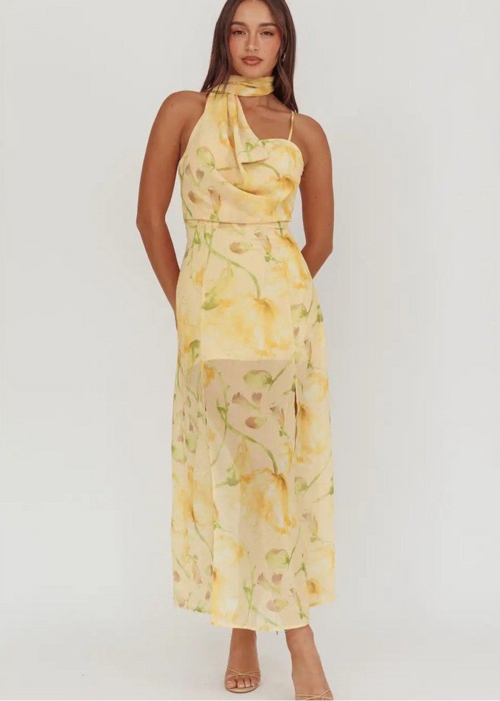 yellow maxi dress, wedding guest dress, yellow floral dress