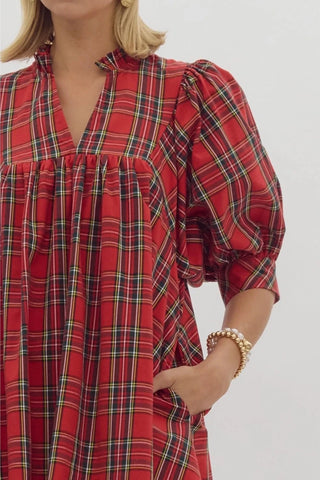 Bethenny Plaid V-Neck Puff Sleeve Mini Dress
