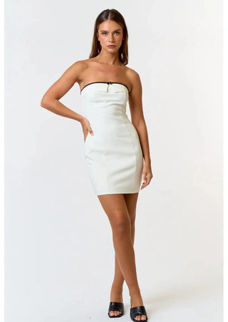 bow contrast detail, bow dress, bow mini dress, mini tube dress, black and white mini tube dress, bridal dress, engagement party dress, rehearsal dinner dress