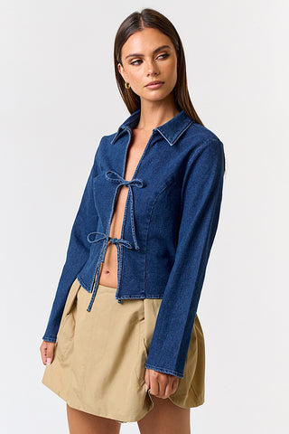Ashlyn Denim Front Tie Long Sleeve Top