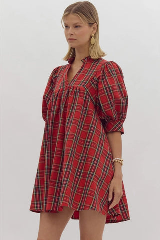 Bethenny Plaid V-Neck Puff Sleeve Mini Dress