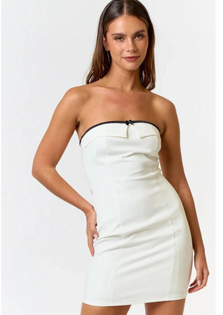 bow contrast detail, bow dress, bow mini dress, mini tube dress, black and white mini tube dress, bridal dress, engagement party dress, rehearsal dinner dress