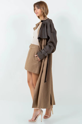 Vivienne Leather Contrasted Long Trench Coat