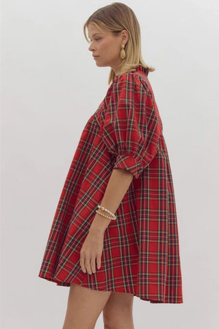 Bethenny Plaid V-Neck Puff Sleeve Mini Dress