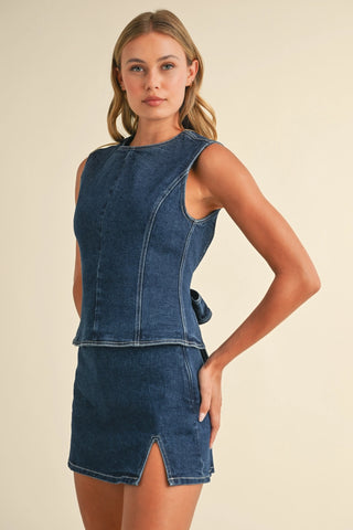Lou Denim Open Back Top with Bow Detail and Mini Skirt Set