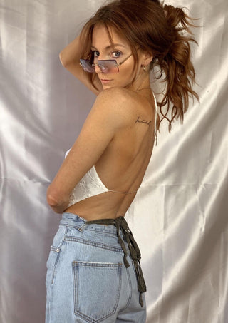 Eyelet print sleeveless open back crop