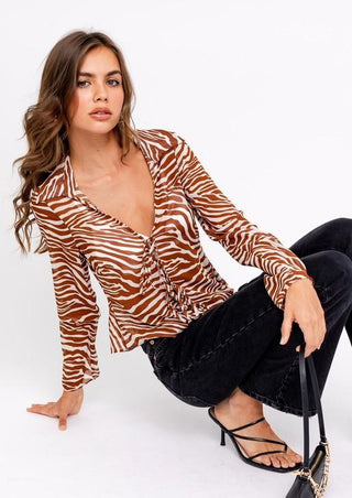 Brown Beige Tie Front Blouse 