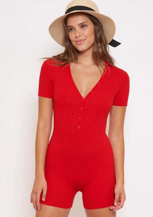 Valentine's Day date night out. Red knit fitted romper.