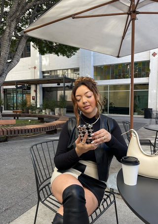 Checkered skirt, mini skirt, black and white skirt, leather vest