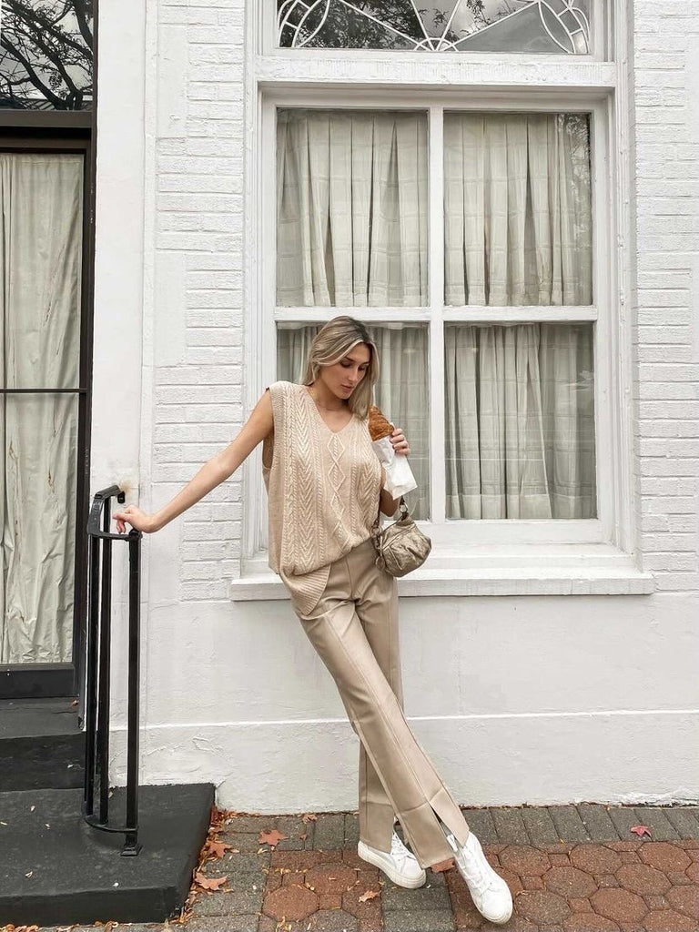 Beige Leather Pant with Slit