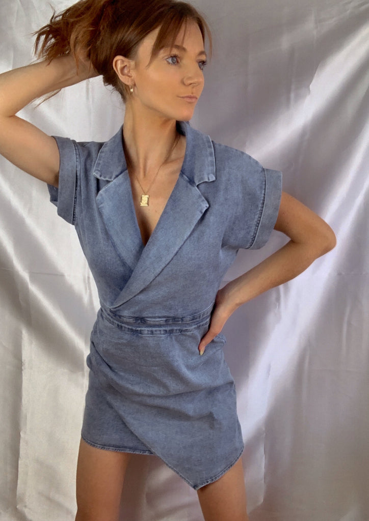 COLLARED WRAPPED SKIRT DENIM MINI DRESS. Perfect for on the clock and off the clock!