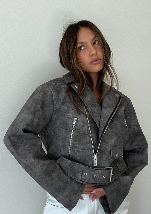 Leather jacket, grey leather jacket, oversized jacket.
