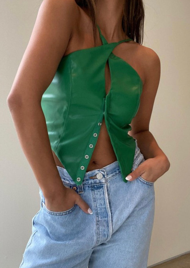 Leather top, leather crop top, leather halter, leather button top, green leather, green leather top, green leather crop top.