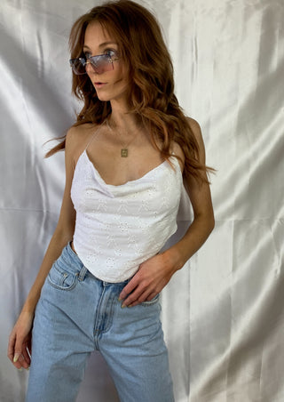 Eyelet print sleeveless open back halter 