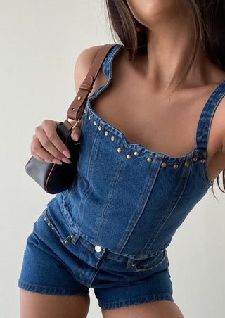 Denim top, denim bustier, denim crop top, denim, denim on denim, spring fashion.