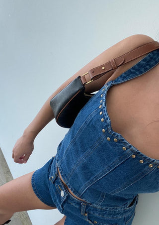 Denim top, denim bustier, denim crop top, denim, denim on denim, spring fashion.