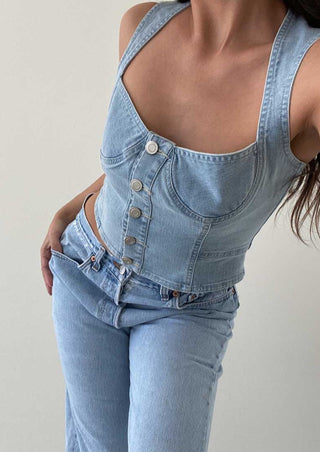 denim top, denim bustier top, denim on denim outfit, coastal cowgirl, denim crop top