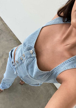 denim top, denim bustier top, denim on denim outfit, coastal cowgirl, denim crop top, light denim top,