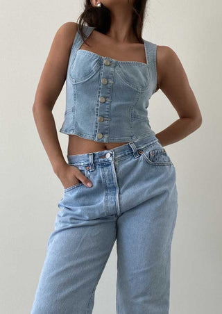 denim top, denim bustier top, denim on denim outfit, coastal cowgirl, denim crop top, light denim top,