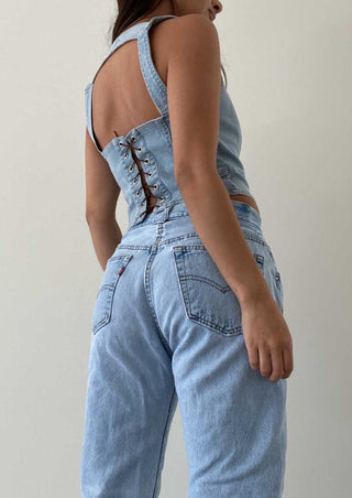 denim top, denim bustier top, denim on denim outfit, coastal cowgirl, denim crop top, light denim top,