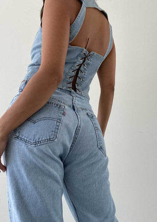 denim top, denim bustier top, denim on denim outfit, coastal cowgirl, denim crop top, light denim top,