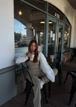 Matching set, beige lounge set, beige workout set, two-piece set, active set.