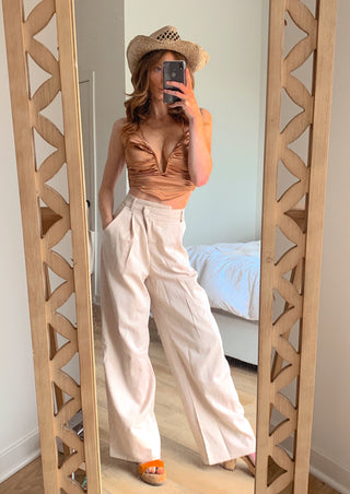 Tan Asymmetrical Work Pants High Waisted
