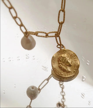 Gold pendant chain necklace, gold necklace, gold pearl necklace, gold pendant necklace