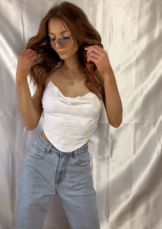 Eyelet print sleeveless open back halter 