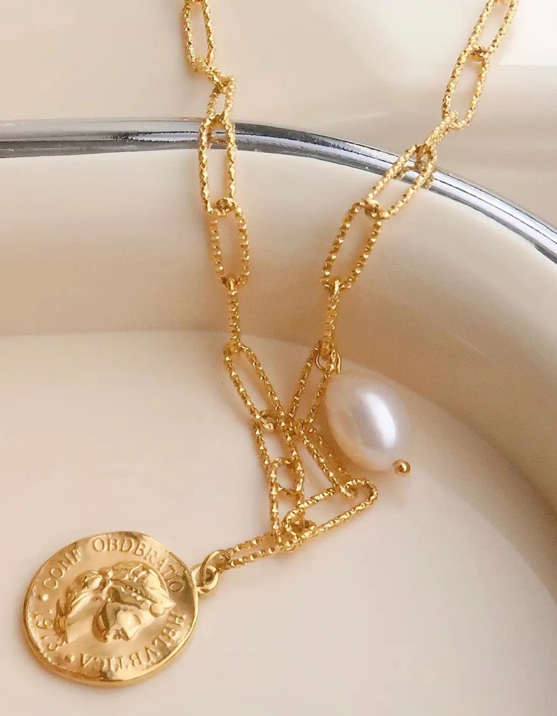 Gold pendant chain necklace, gold necklace, gold pearl necklace, gold pendant necklace